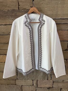 Coldwater Creek Ivory Linen Blend Open Jacket w Brown Edge Embroidery, Lined
